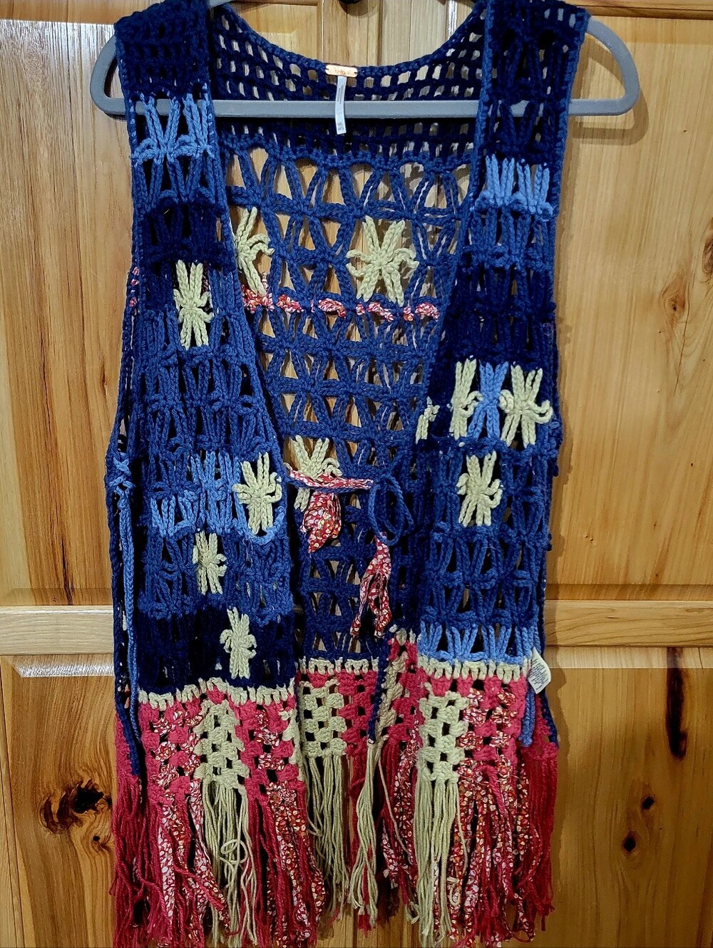 Free People Americana Crochet Fringe Vest . Boho American Flag Sz M/L